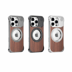 Walnut Wood Aluminum Alloy Frameless Shell  Magnetic Aromatherapy(Fragrance Release) Stand Case for iPhone 16 Series