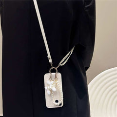 Camellia Flower and Puppy Pearl Charm Leather Crossbody Lanyard Phone Case for iPhone 12 Series