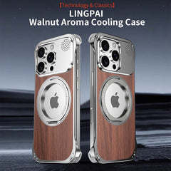 Walnut Wood Aluminum Alloy Frameless Shell  Magnetic Aromatherapy(Fragrance Release) Stand Case for iPhone 16 Series