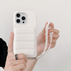 Down Jacket Wallet Card Holder Phone Case with Lanyard for iPhone 12 Series