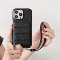 Down Jacket Wallet Card Holder Phone Case with Lanyard for iPhone 14 Series