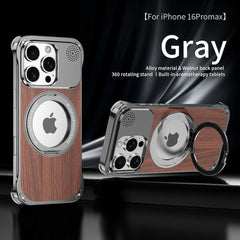 Walnut Wood Aluminum Alloy Frameless Shell  Magnetic Aromatherapy(Fragrance Release) Stand Case for iPhone 16 Series